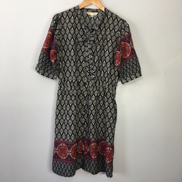 Yumi Black White Ikat Dress Border Print Tie Neck - Picture 13 of 16